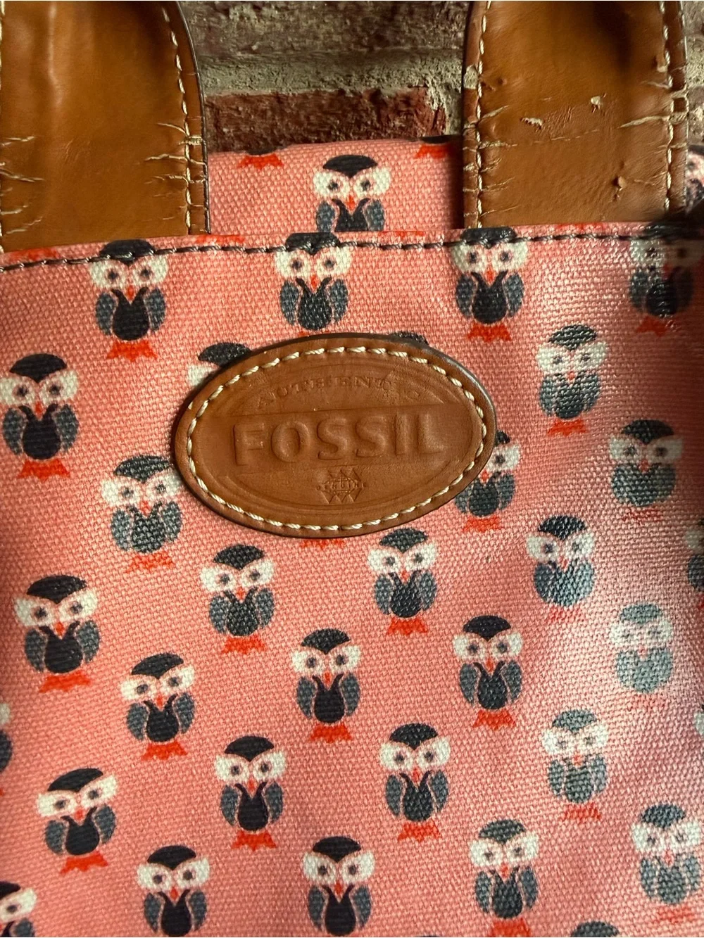 Fossil Coral Pink Owl-Print Backpack with Leather Trim